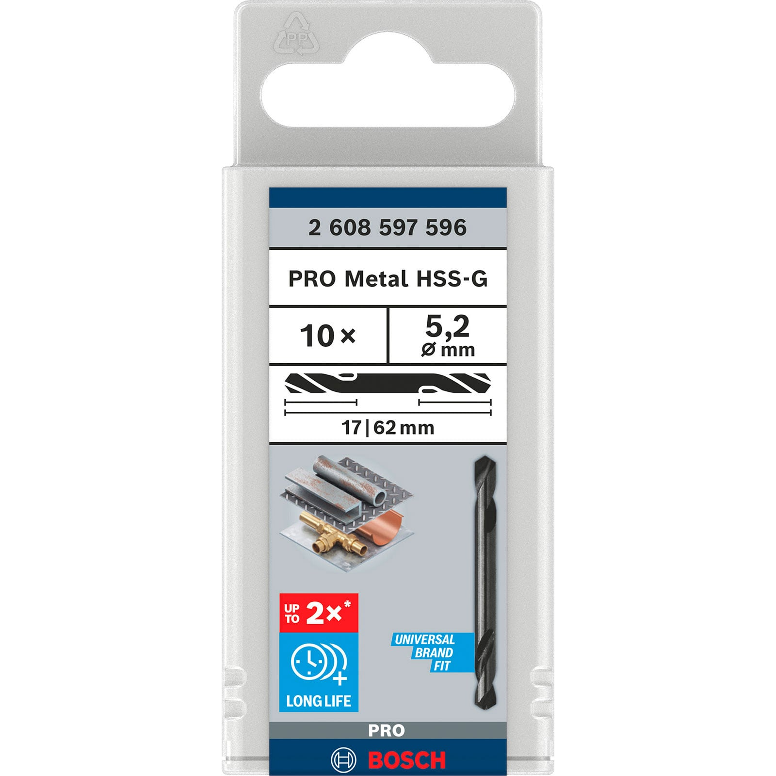Bosch PRO Metal HSS-G Bohrer-Set, 10-teilig, 5,2 mm Durchmesser, in transparenter Plastikverpackung.