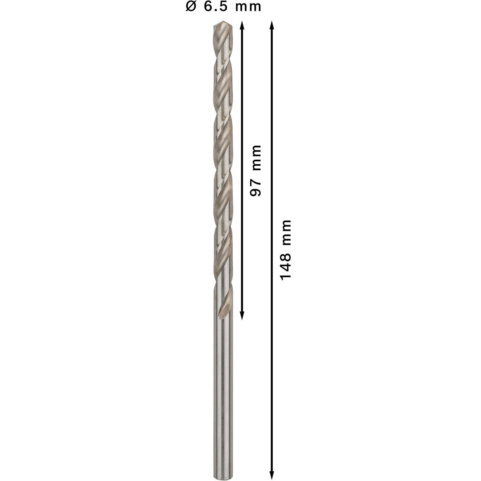Ein 6,5 mm Bohrer mit einer Länge von 148 mm und 97 mm Spiralteillänge vor weißem Hintergrund.