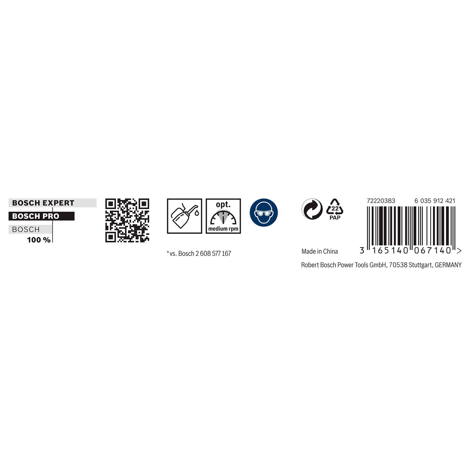 Bosch Expert Etikett mit QR-Code, Anleitungssymbolen und Barcode auf weißem Hintergrund.