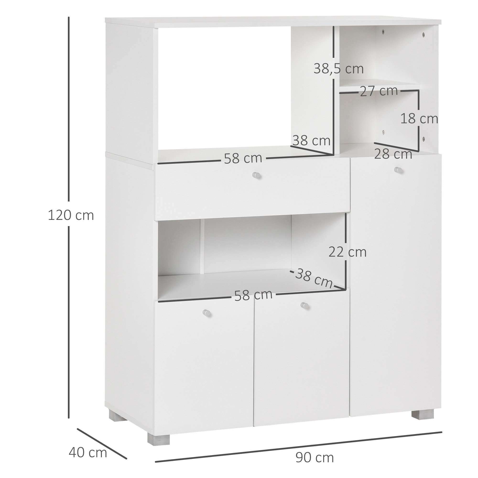 Mueble blanco con cajón, estantes y puertas, incluyendo flechas de medidas en cm.