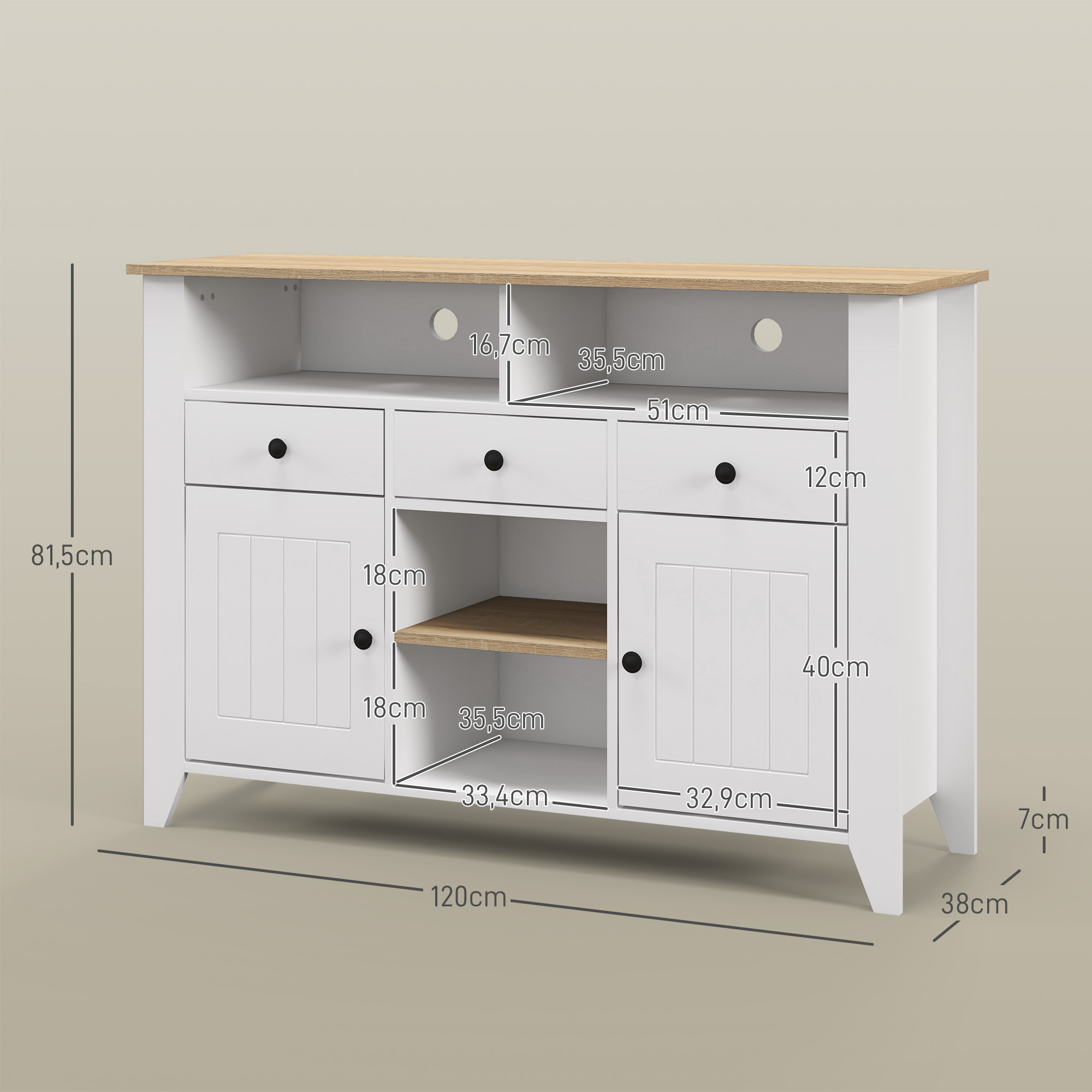 Aparador blanco con tapa de madera y acotaciones de dimensiones en centímetros sobre fondo neutro.