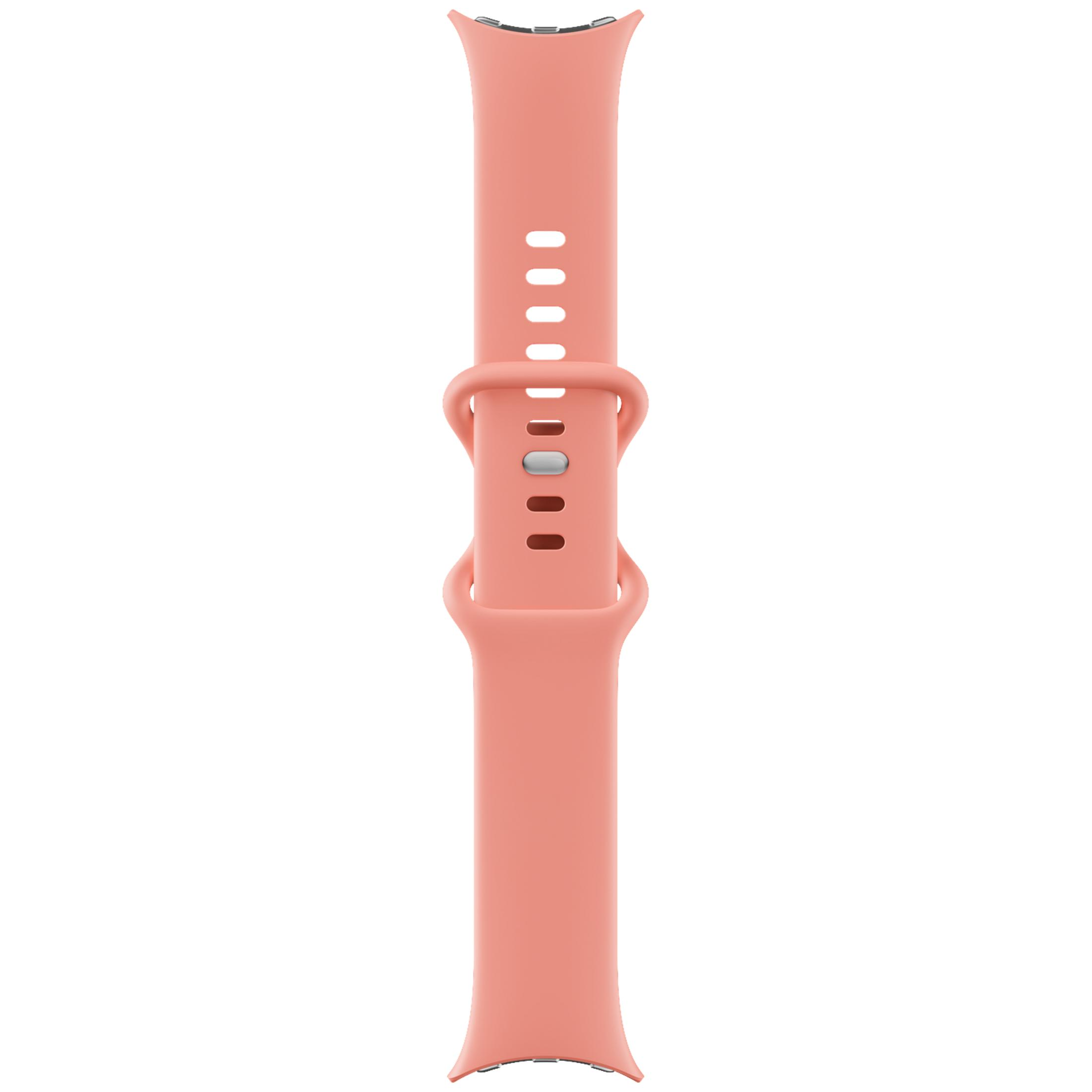 Una correa de reloj inteligente de silicona rosa salmón con agujeros ajustables y una trabilla sobre fondo blanco.