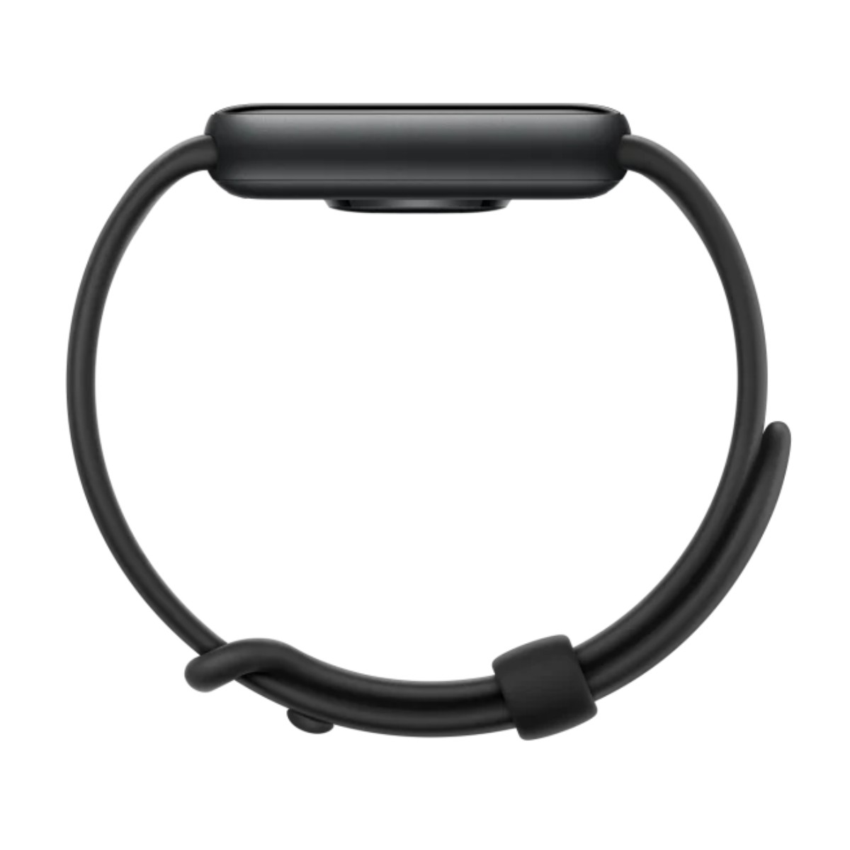 Vista laterale di uno smartwatch nero con cinturino nero su sfondo bianco.