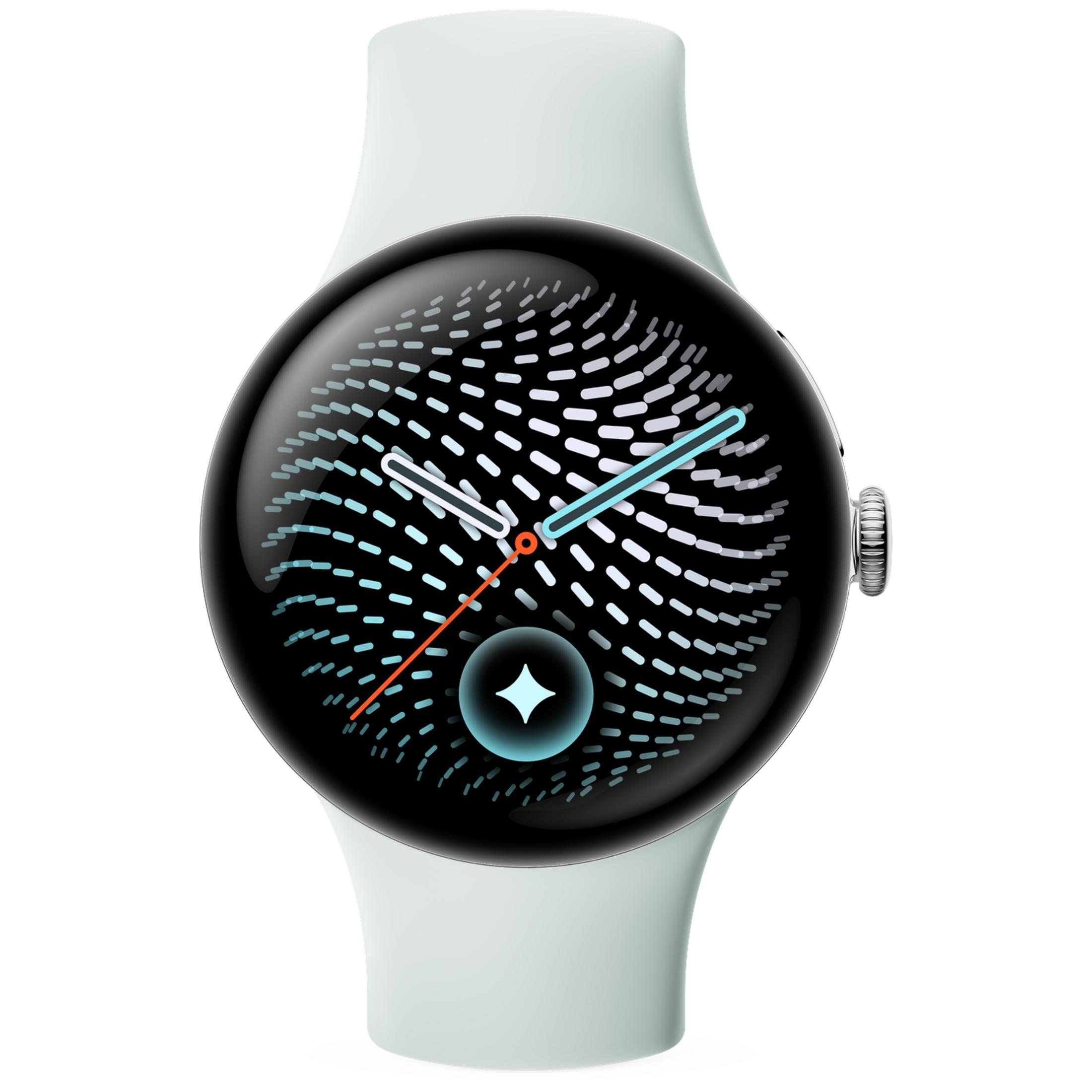 Un reloj inteligente blanco con pantalla redonda muestra manecillas blancas y azules y un patrón de rayas sobre fondo negro.