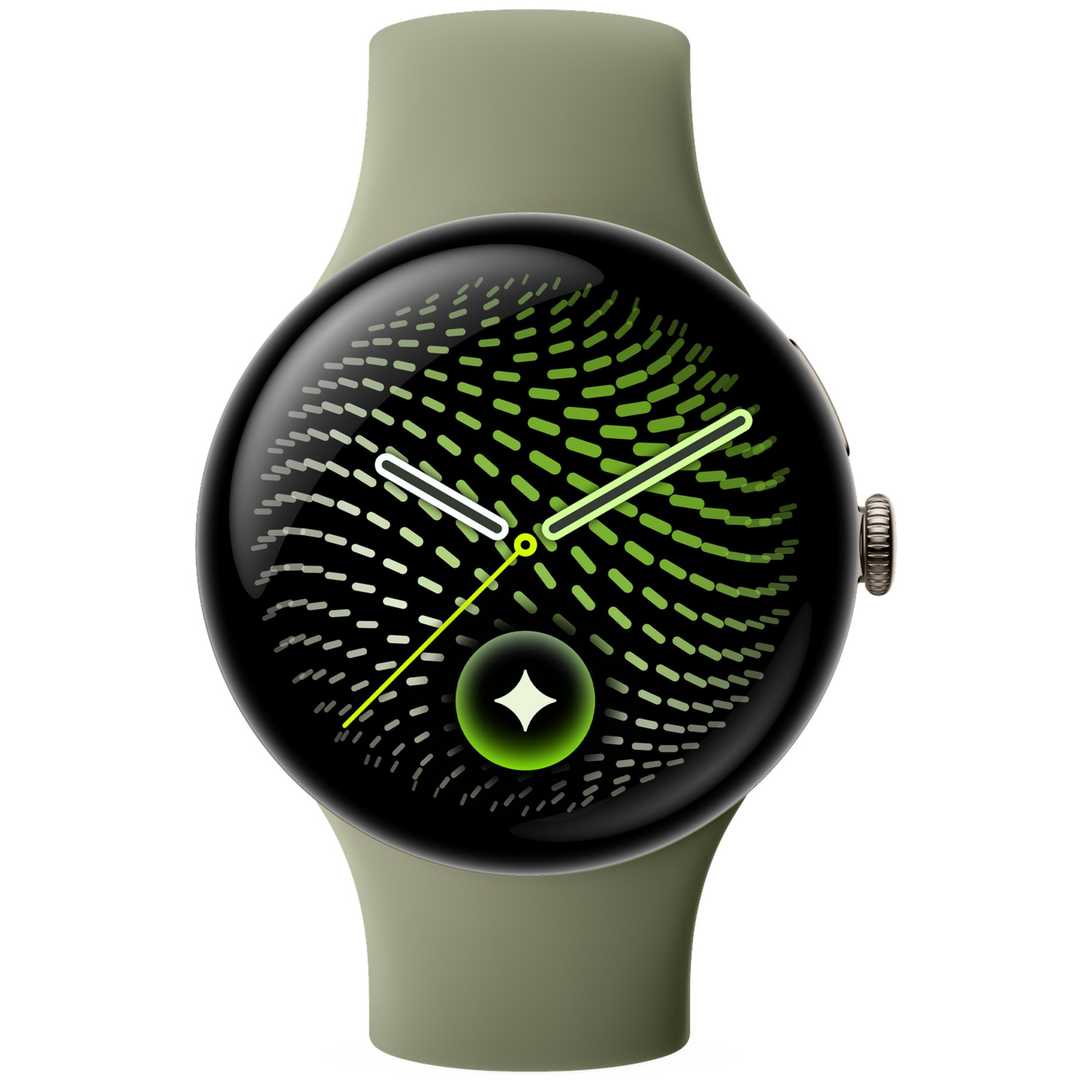 Un reloj inteligente verde con esfera redonda, patrón verde abstracto, manecillas analógicas y corona lateral.