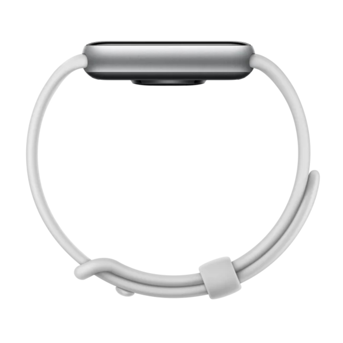 Uno smartwatch argento con cinturino bianco, isolato su sfondo bianco.