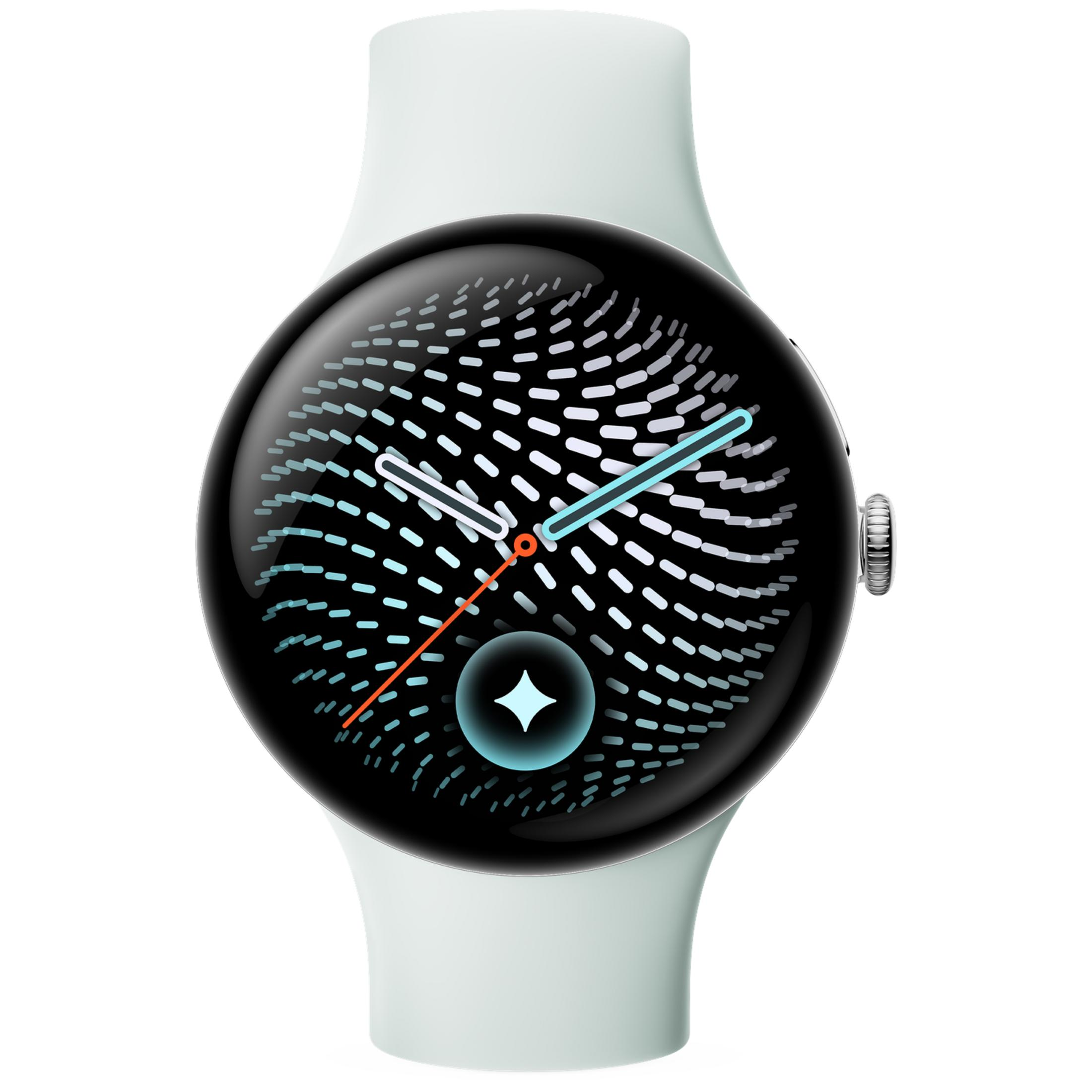 Un reloj inteligente blanco con pantalla circular que muestra un patrón de puntos y manecillas azules.
