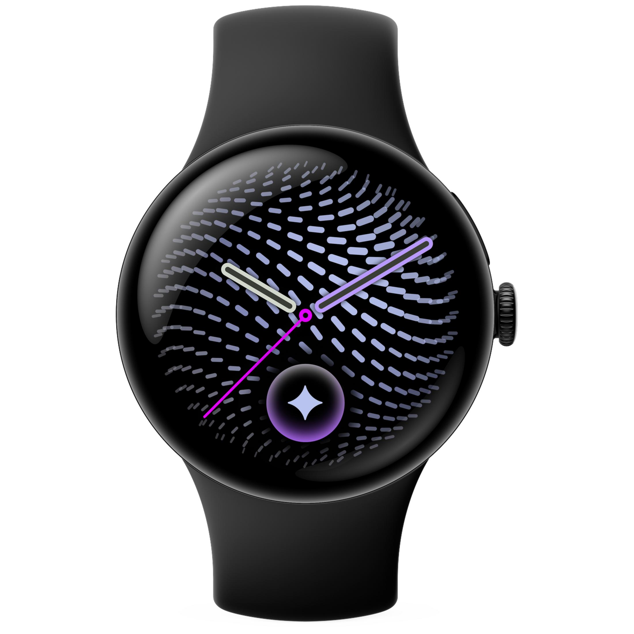 Un reloj inteligente negro con pantalla redonda, esfera con patrón morado y corona física a la derecha.