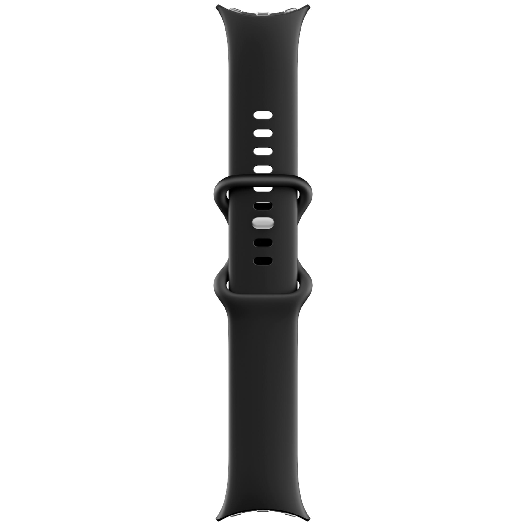 Una correa de reloj de silicona negra con múltiples agujeros de ajuste y una trabilla, sobre fondo blanco.