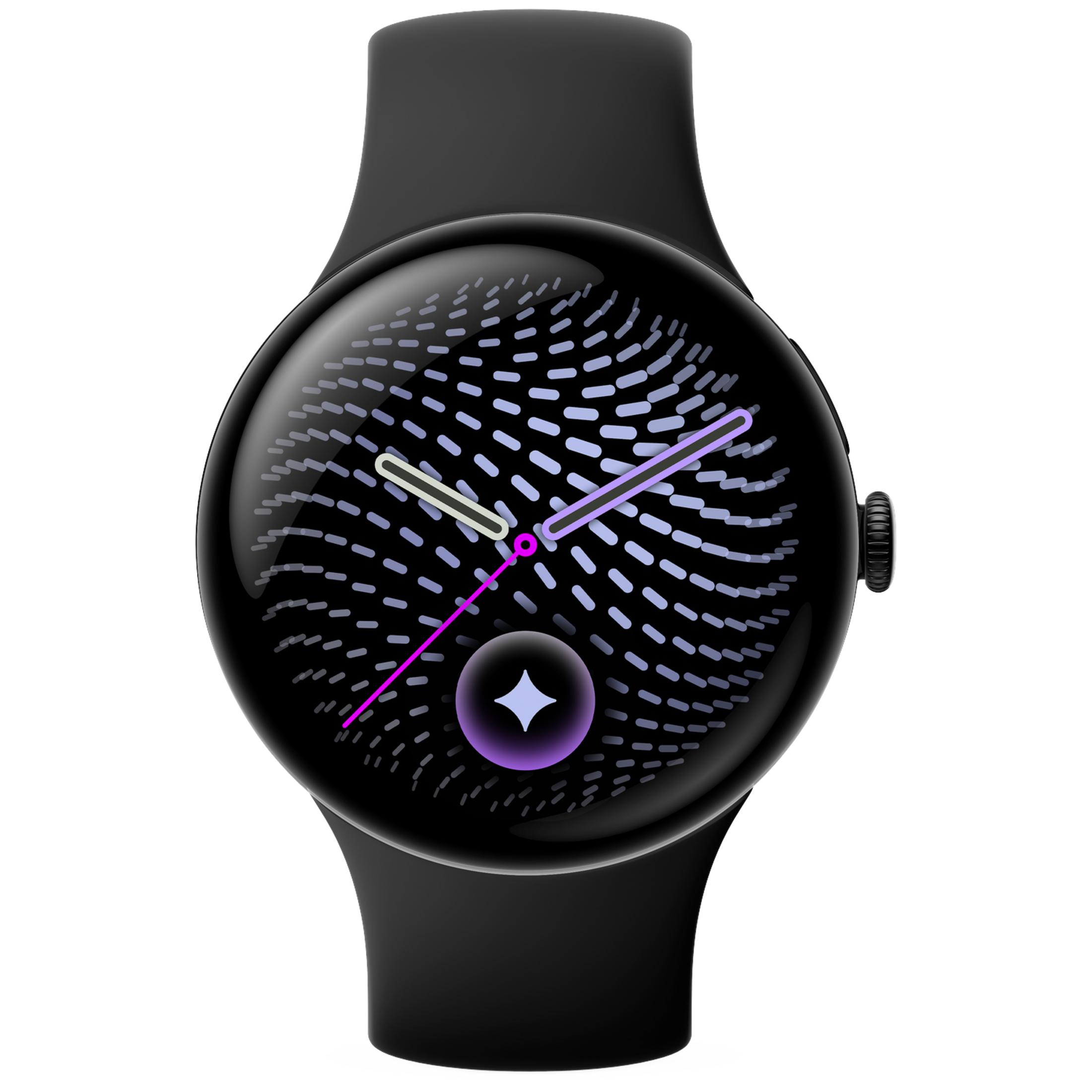 Reloj inteligente negro con pantalla redonda que muestra un patrón azul y manecillas.