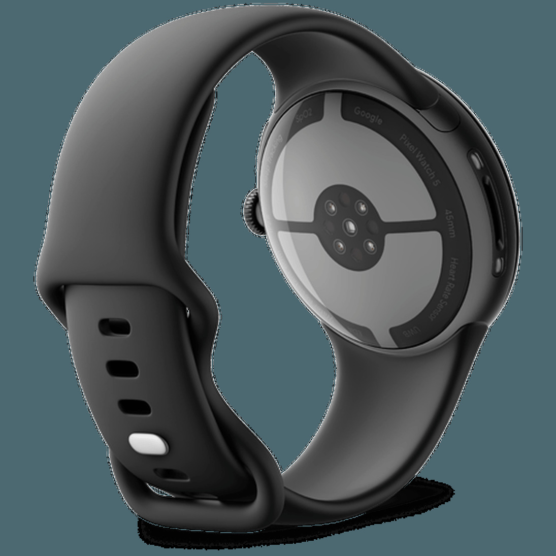 Vista posterior de un Google Pixel Watch 5 negro con sensor de frecuencia cardíaca en fondo oscuro.