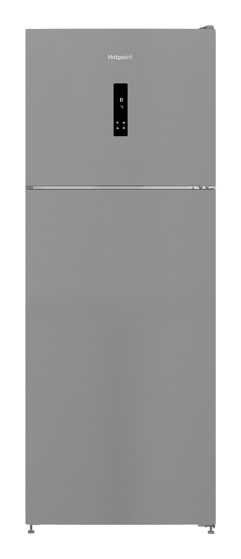 Un frigorifero a doppia porta Hotpoint argento con display digitale sulla porta superiore.