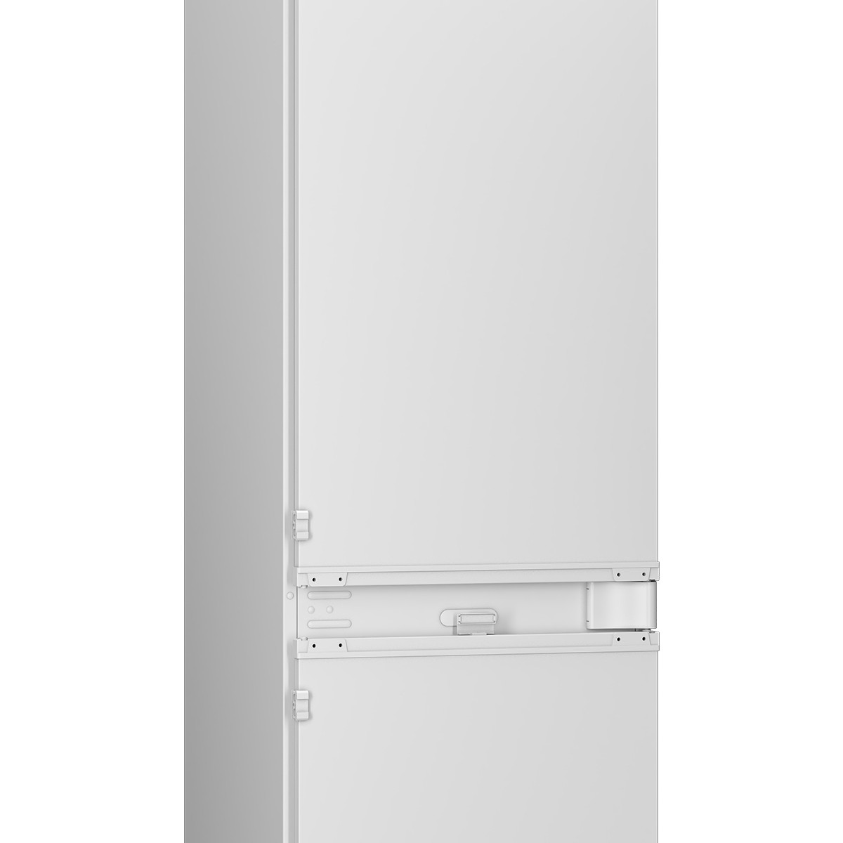 Un frigorifero da incasso bianco e minimalista a due porte su uno sfondo neutro.