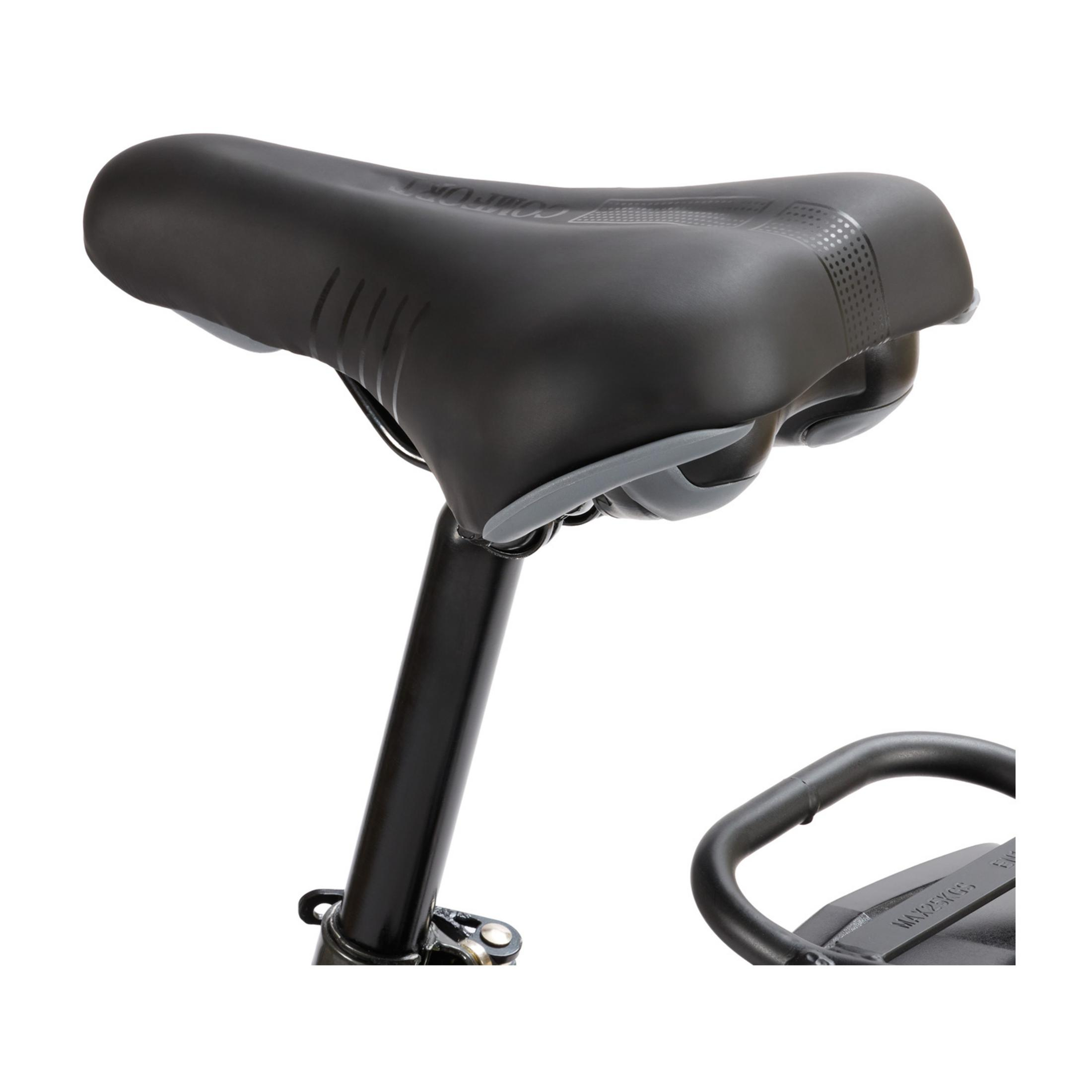 Una sella da bicicletta nera con dettagli grigi su un cannotto reggisella nero, su sfondo bianco.