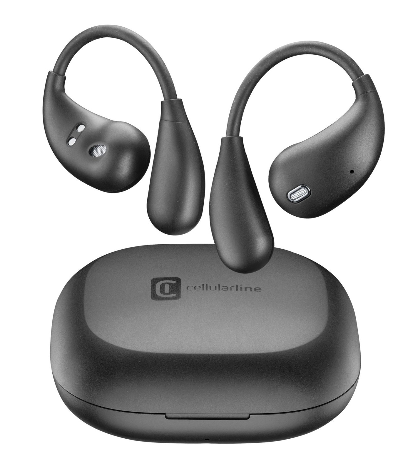 Auricolari wireless neri con archetti sopra una custodia di ricarica coordinata con il logo Cellularline.