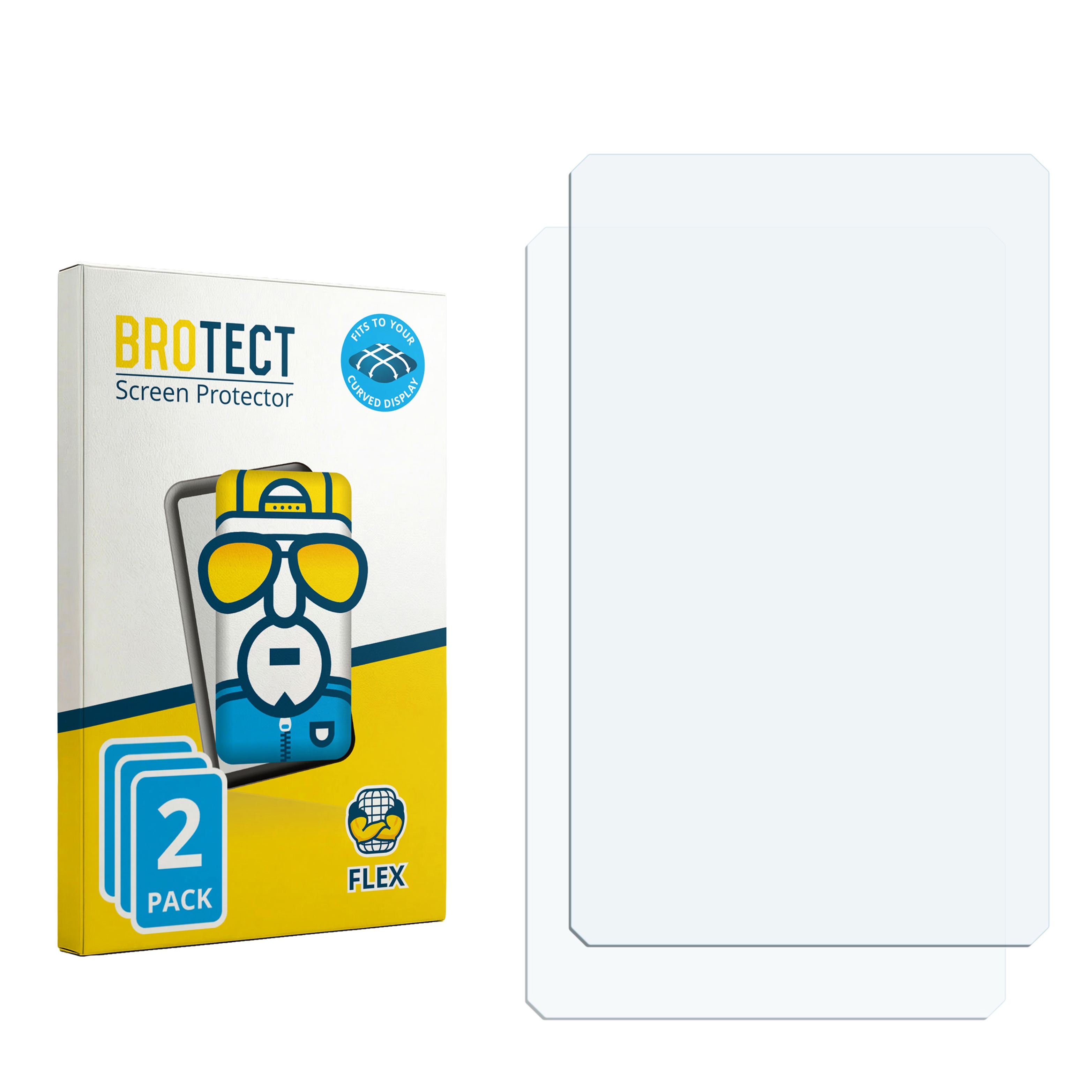 BROTECT Displayschutz 2er-Pack Box neben zwei transparenten flexiblen Displayschutzfolien auf weißem Grund.