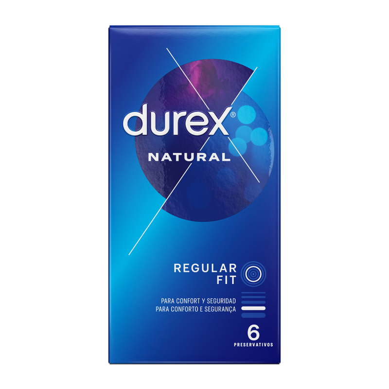 Eine blaue Durex Natural Regular Fit Kondomschachtel mit 6 Stück und spanischem sowie portugiesischem Text.