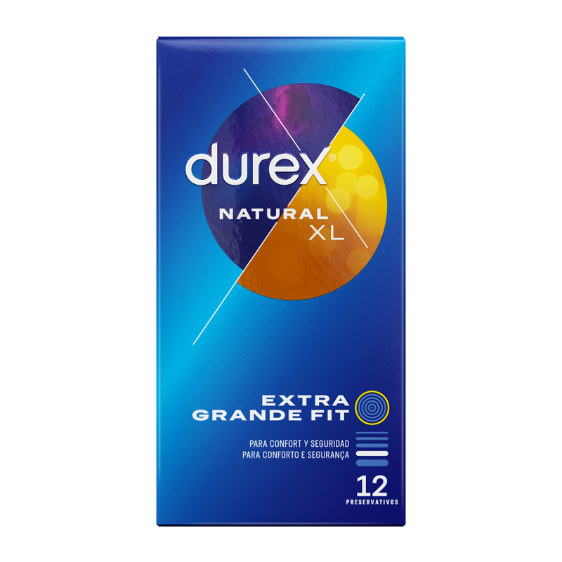 Blaue Durex Natural XL Kondomschachtel mit buntem Kreis und Text Extra Grande Fit und 12 Preservativos.