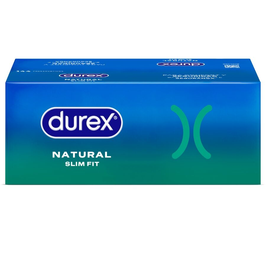 Eine blau-grüne Durex Natural Slim Fit Kondomschachtel mit weißem Branding auf weißem Hintergrund.