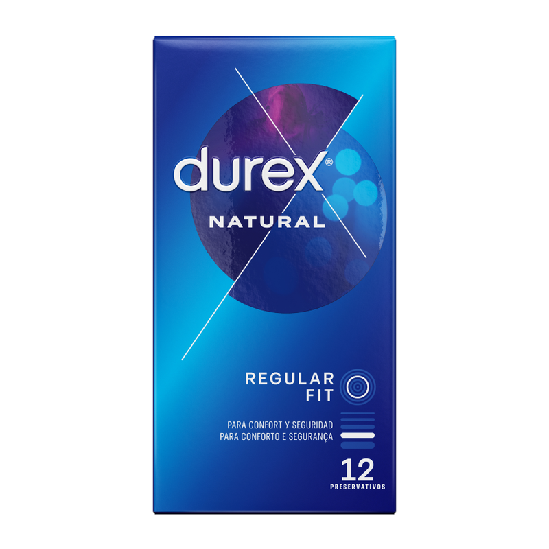 Blaue Durex Natural Regular Fit Kondomverpackung für 12 Stück mit weißer und rosa Grafik.