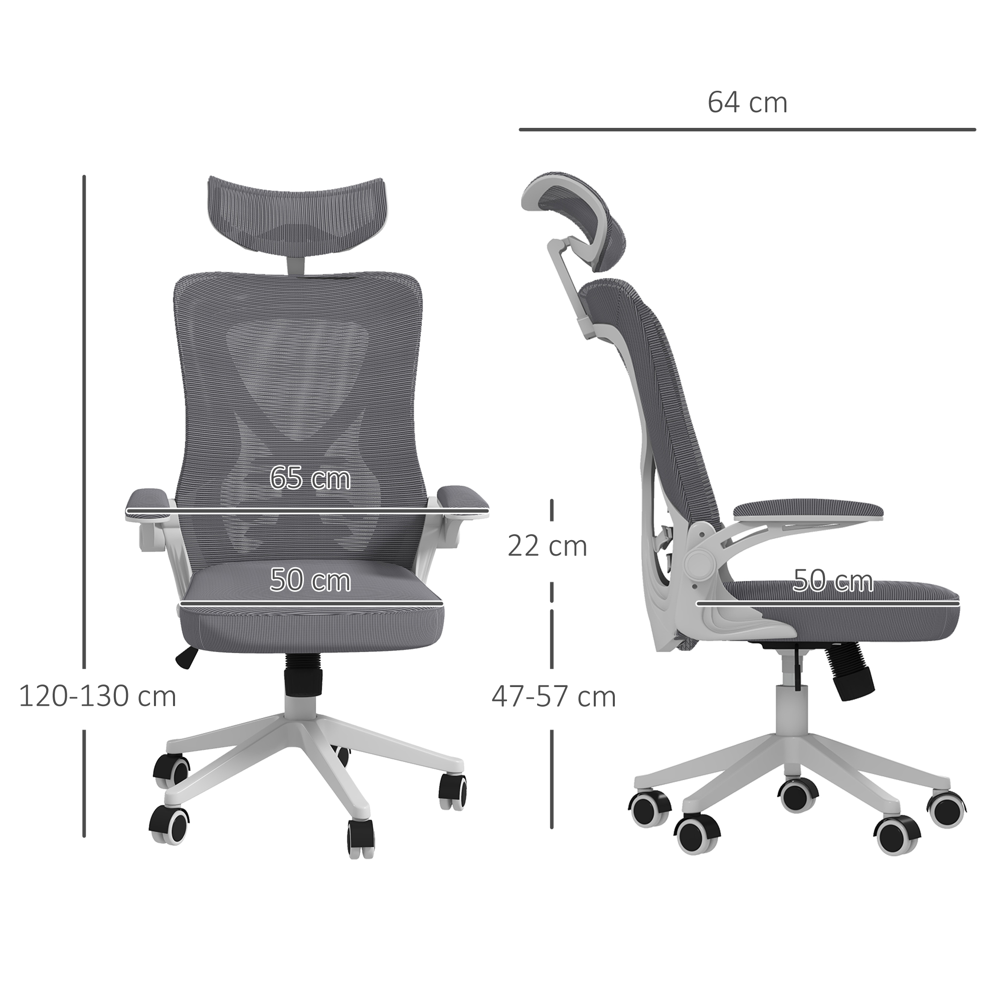 Sedia da ufficio ergonomica grigia mostrata di fronte e di lato con misure.