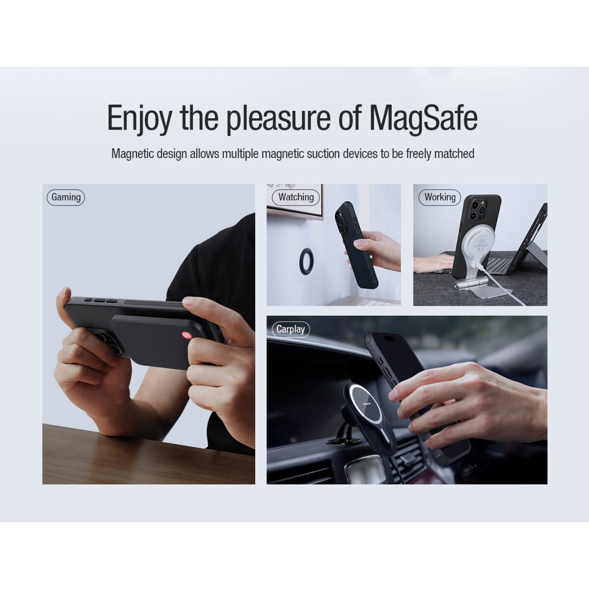 MagSafe-Zubehör in verschiedenen Nutzungsszenarien wie Gaming, Streaming, Arbeit und Autofahren.