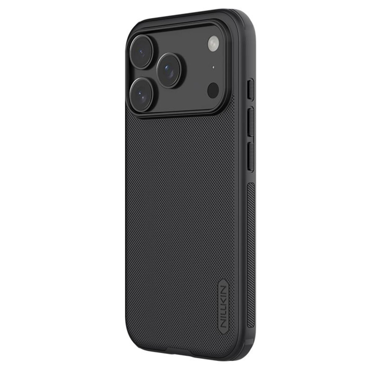 Schwarze Smartphone-Hülle mit strukturierter Rückseite, integriertem Kameraschutz und seitlichen Knöpfen.