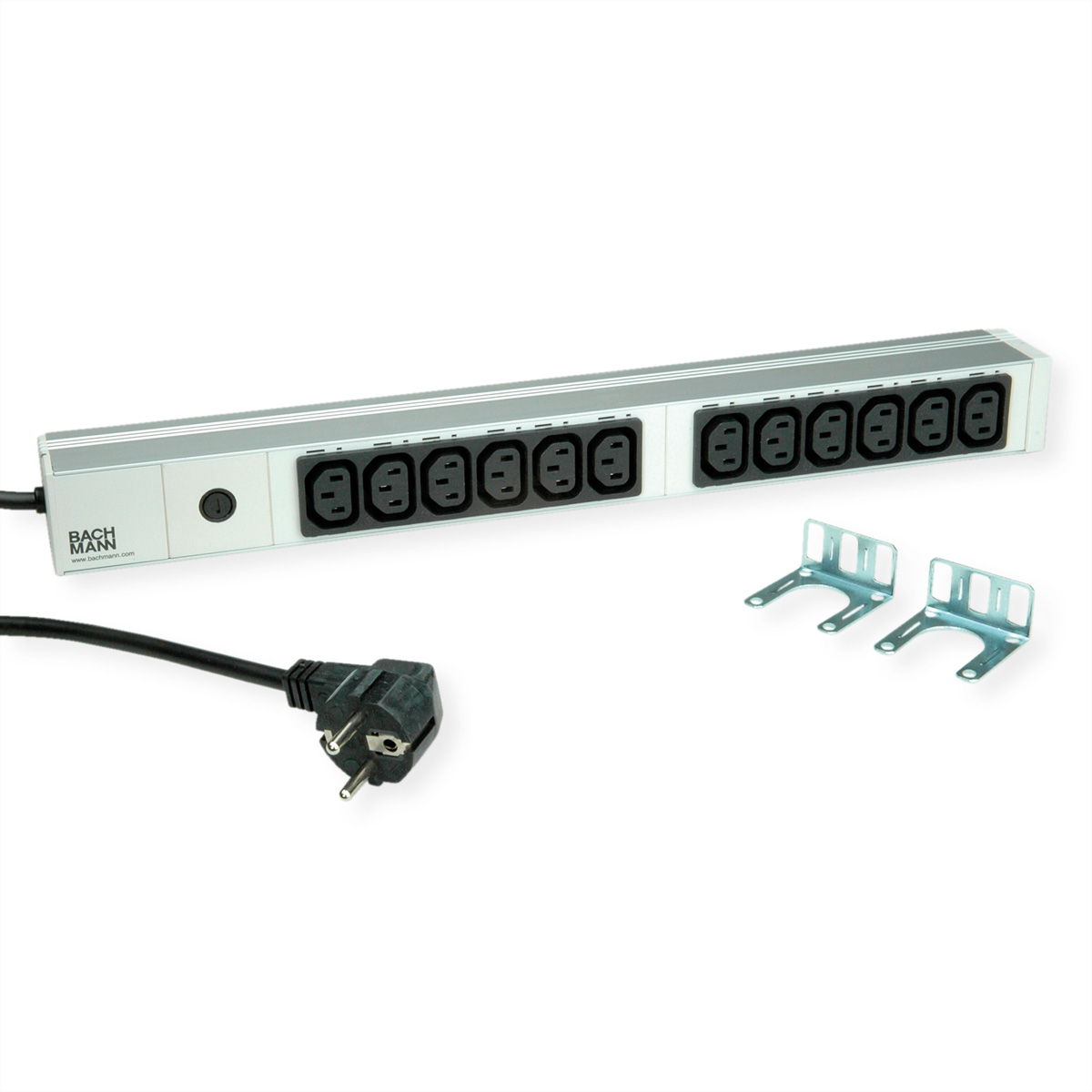 A long, silver power strip with 12 black outlets, a black power cord, and two mounting brackets.