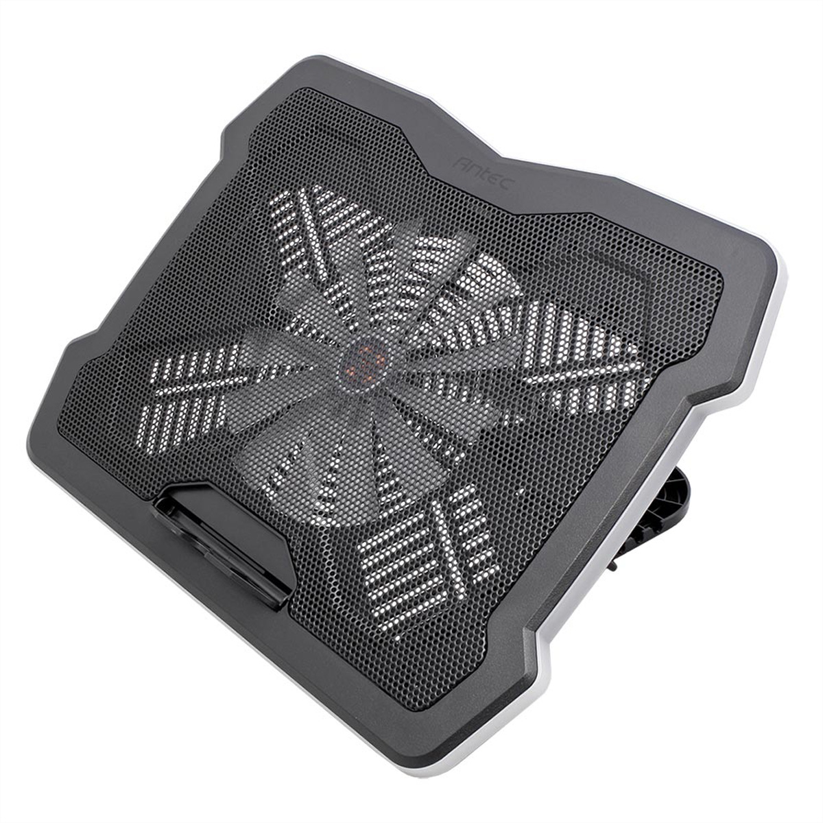 Base di raffreddamento nera per laptop con ampia griglia e ventola integrata.