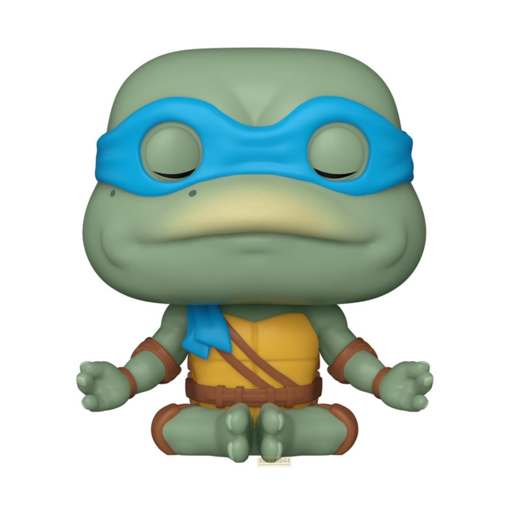 Una figura Funko Pop de Leonardo está sentada con las piernas cruzadas y medita con los ojos cerrados.