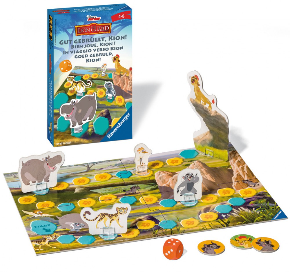 Das The Lion Guard Brettspiel von Ravensburger mit Pappaufstellern, Würfel und bunten Spielsteinen.