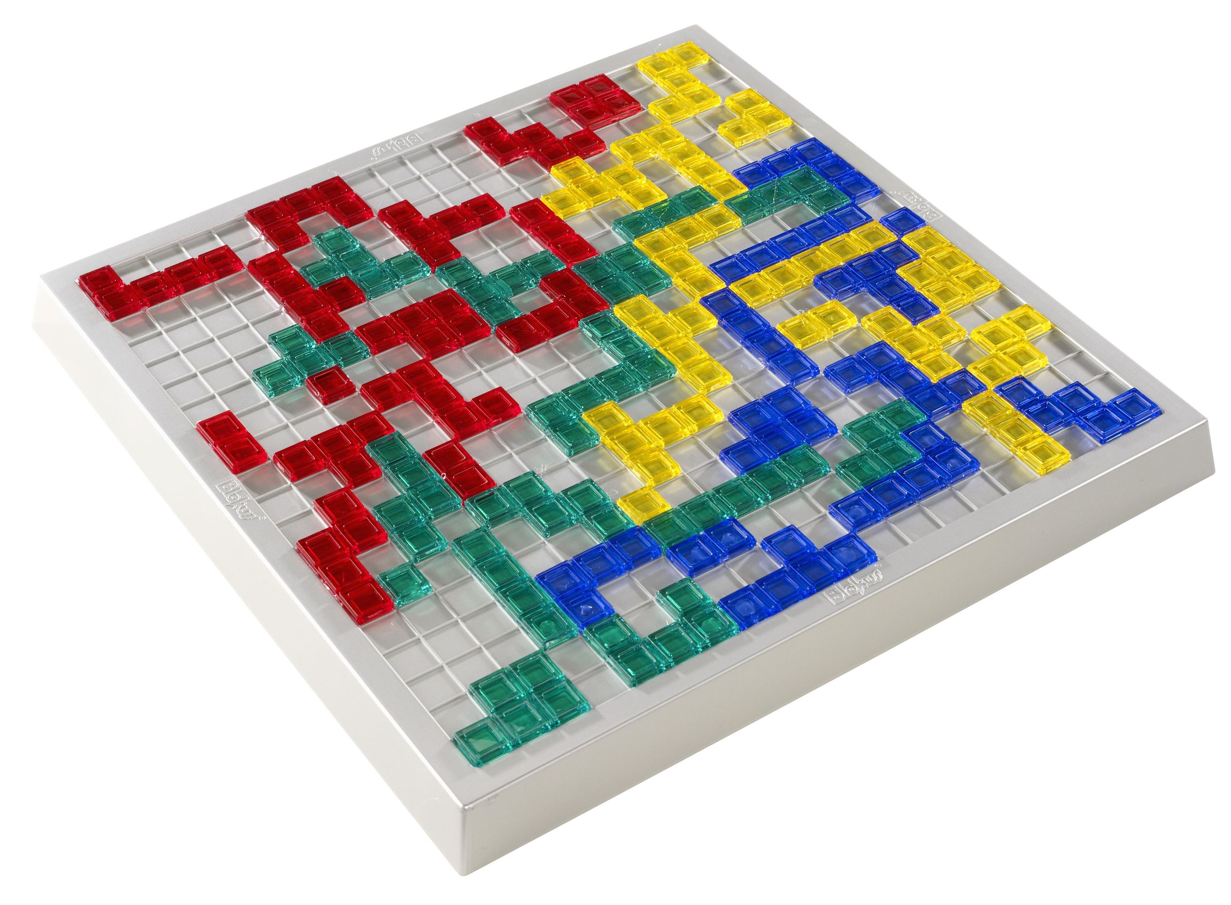 Ein Blokus-Spielbrett mit bunten, transparenten Kunststoffsteinen in Rot, Grün, Blau und Gelb.