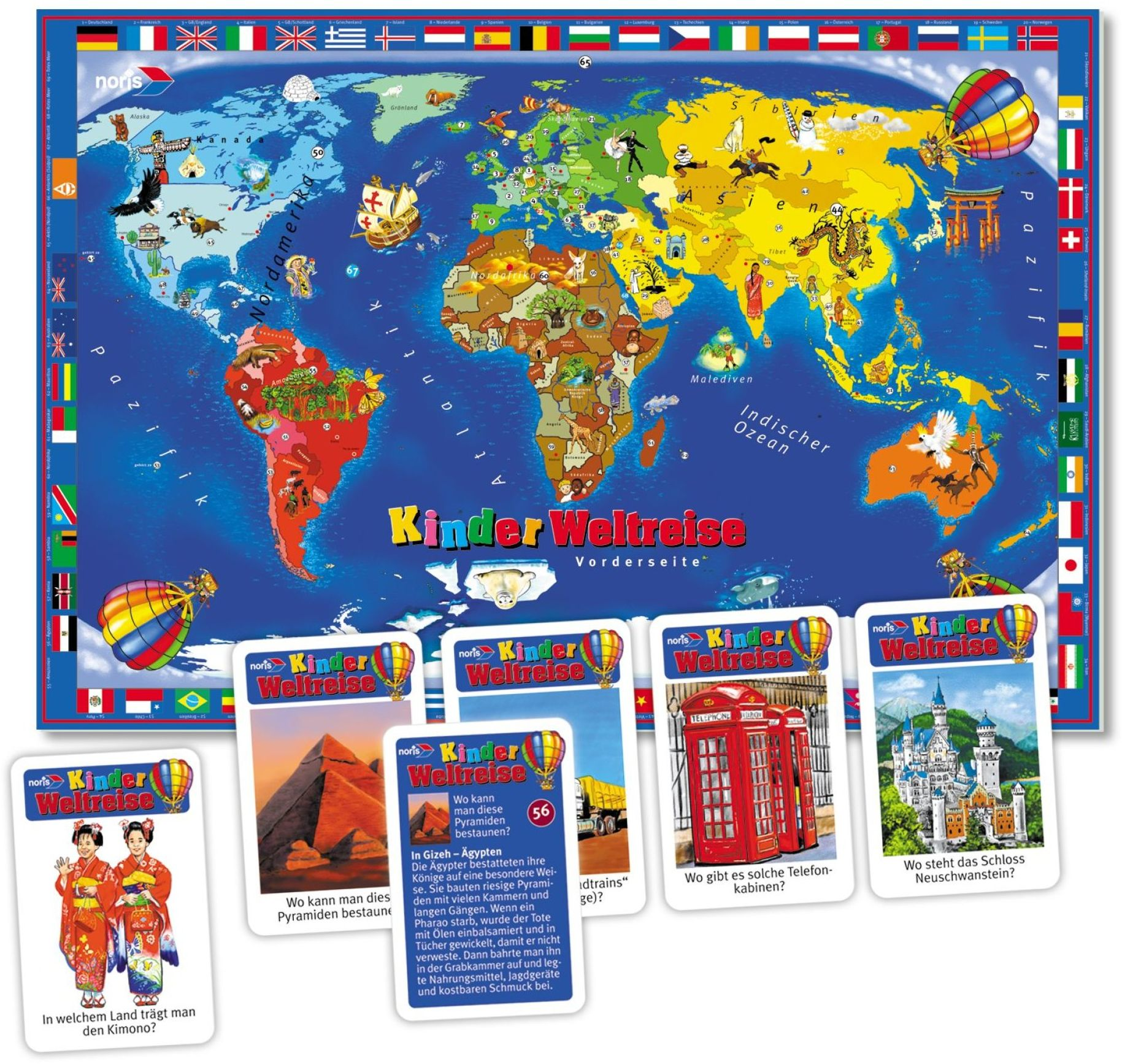 Eine bunte Kinderweltkarte mit illustrierten Wahrzeichen und deutschen Fratkarten unten.
