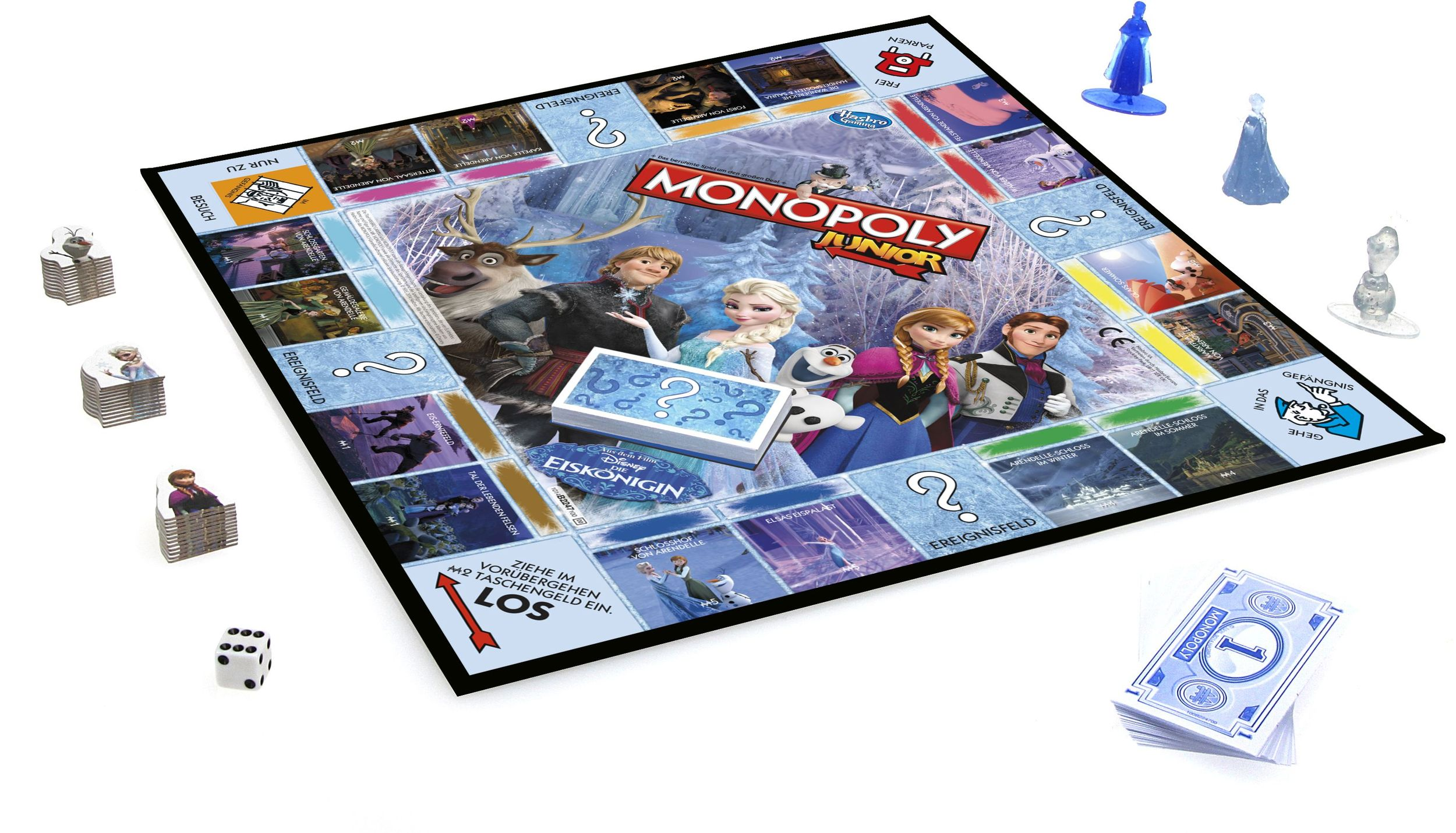 Ein Monopoly Junior Brettspiel mit Frozen-Motiven, Karten, Geld und Spielfiguren auf weißem Hintergrund.