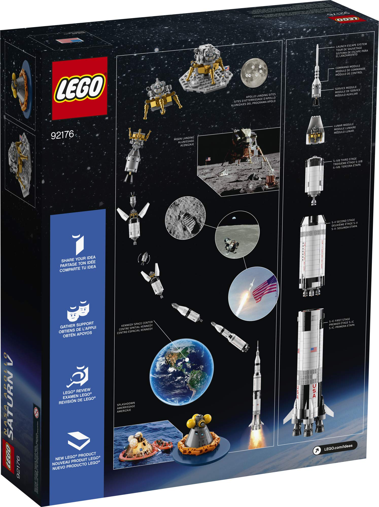 Dos d'une boîte Lego NASA Apollo Saturn V montrant les détails de la fusée et l'alunissage.