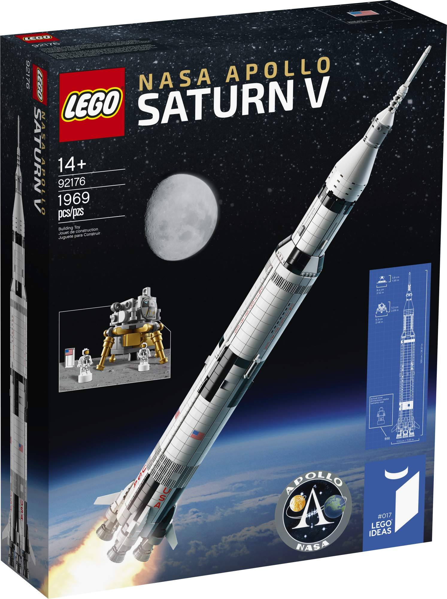 Boîte LEGO NASA Apollo Saturn V avec fusée, lune et alunisseur.