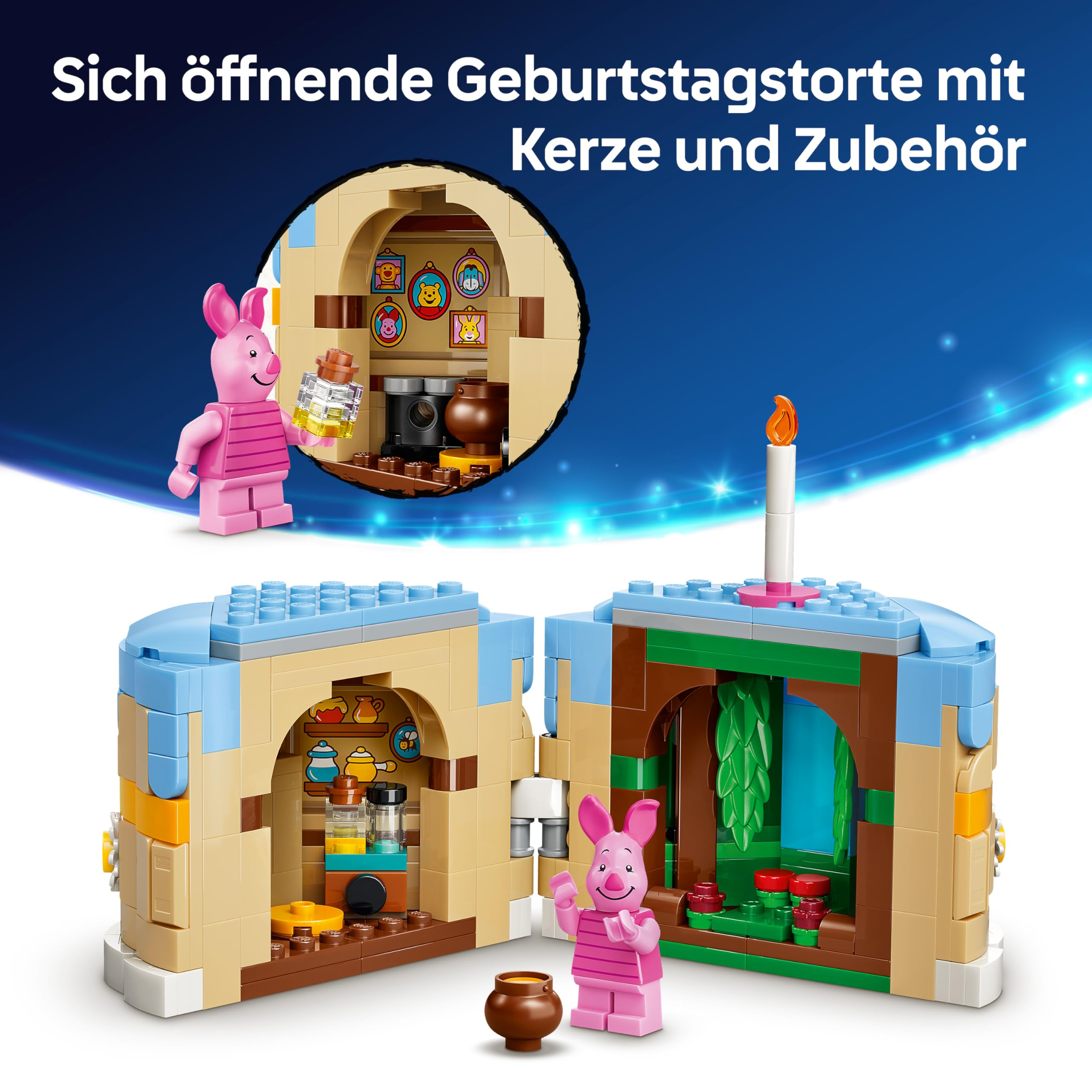 Torta di compleanno Lego apribile con candela, accessori e una minifigura di Pimpi davanti all'interno aperto.