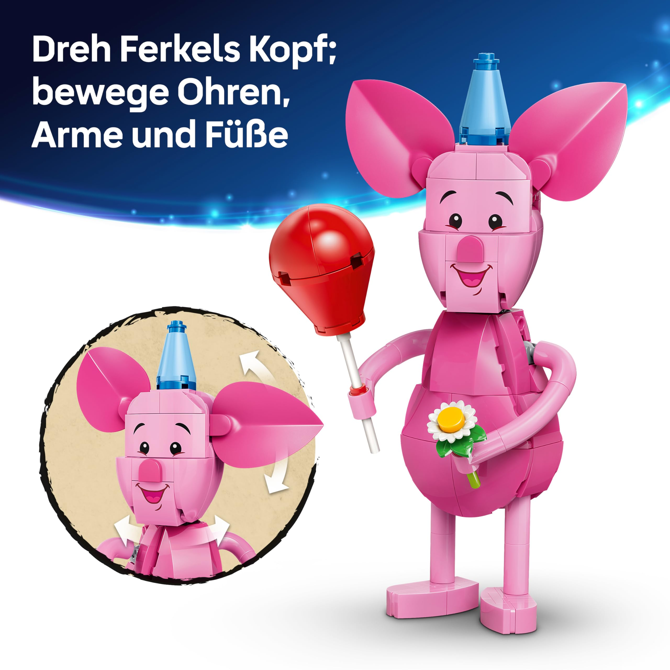 Una figura Lego rosa di Pimpi che tiene un palloncino rosso e un fiore, con un dettaglio delle articolazioni.