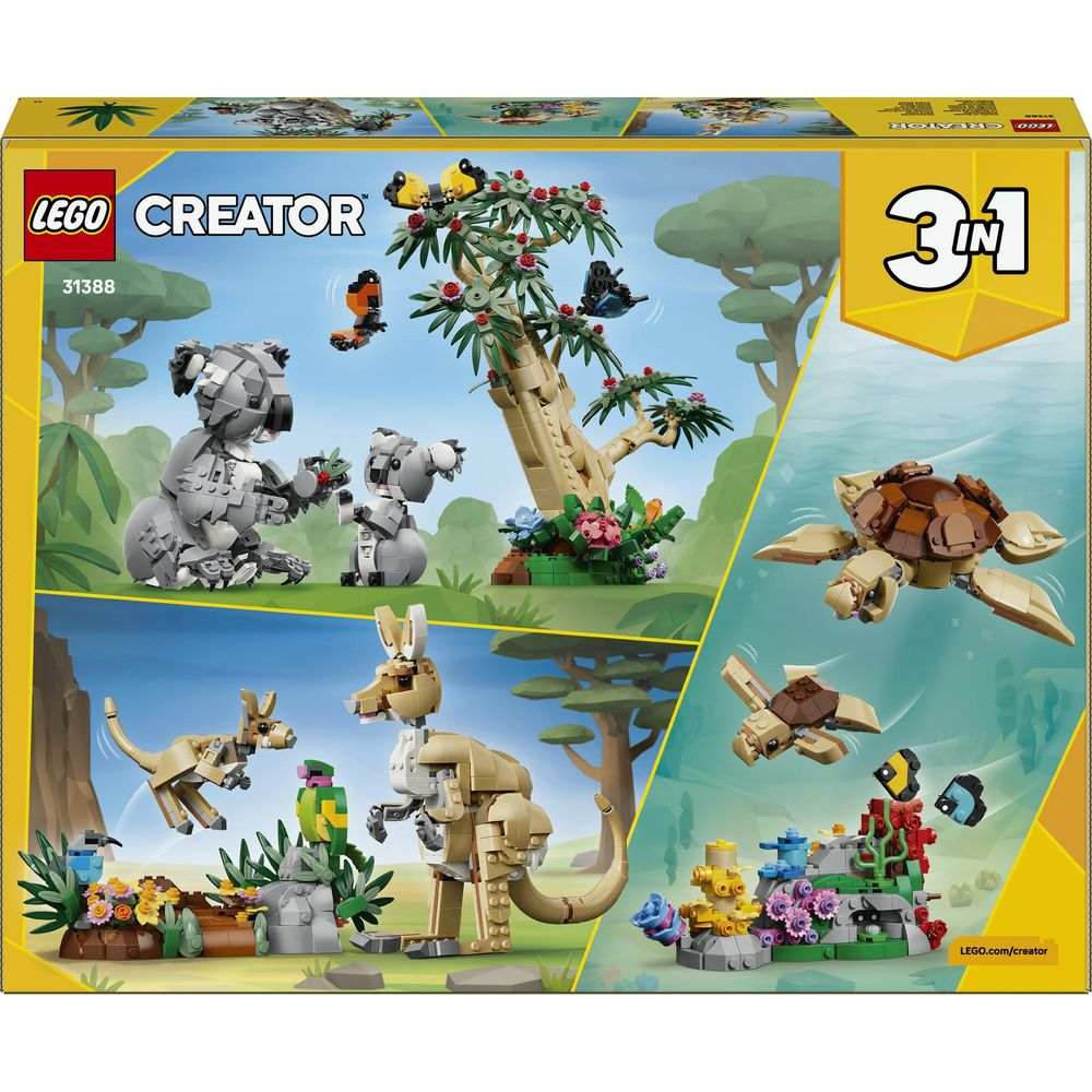 Zestaw Lego Creator 3 w 1 z koalami, kangurami i żółwiem.