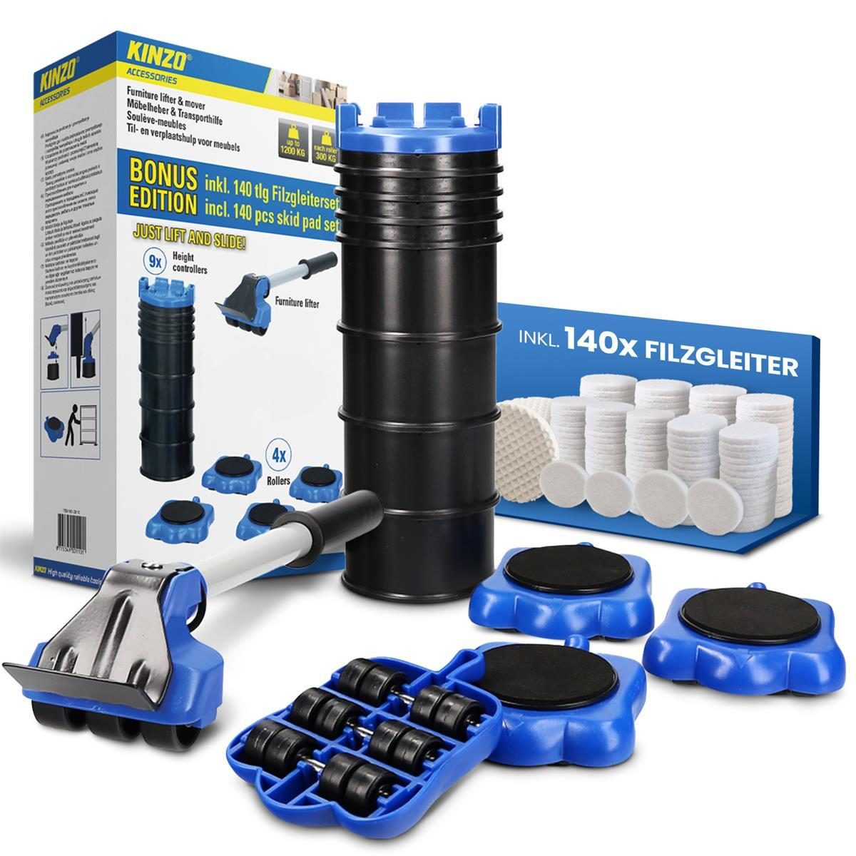 Ein Kinzo Möbelheber- und Transportset mit Rollen, Hebestange und Filzgleitern in gelb-blauem Karton.