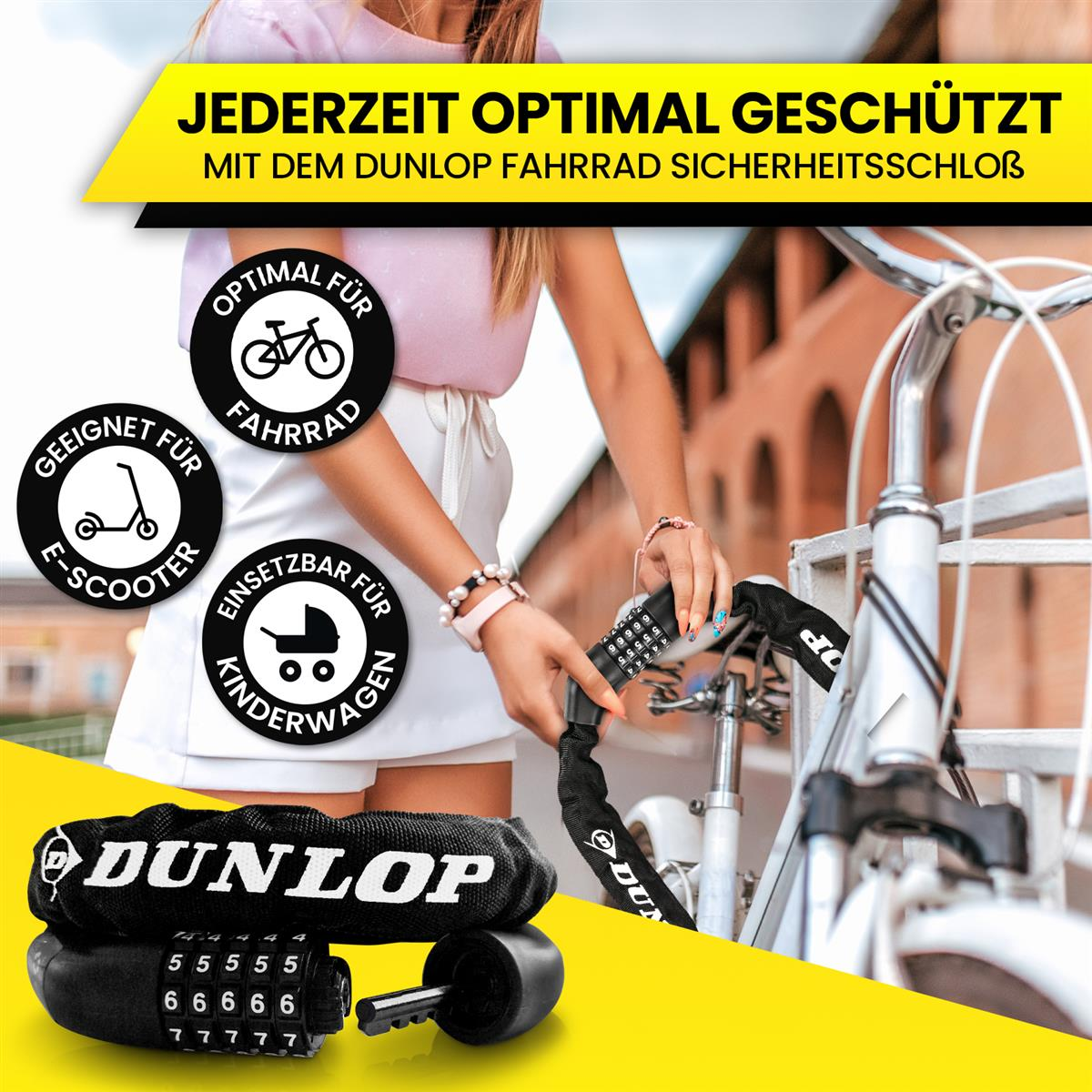Eine Frau sichert ein Fahrrad mit einem Dunlop Zahlenschloss. Im Vordergrund ein weiteres Schloss.