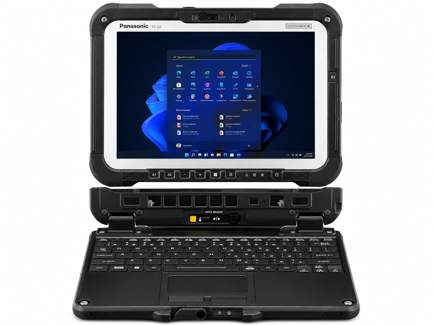 Un Panasonic Toughbook con il menu di avvio di Windows 11, collegato a una tastiera nera staccabile.