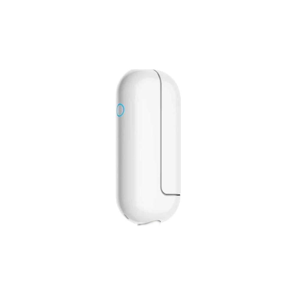 Ein weißer, länglicher Sensor mit einer blauen kreisförmigen LED-Anzeige auf weißem Hintergrund.
