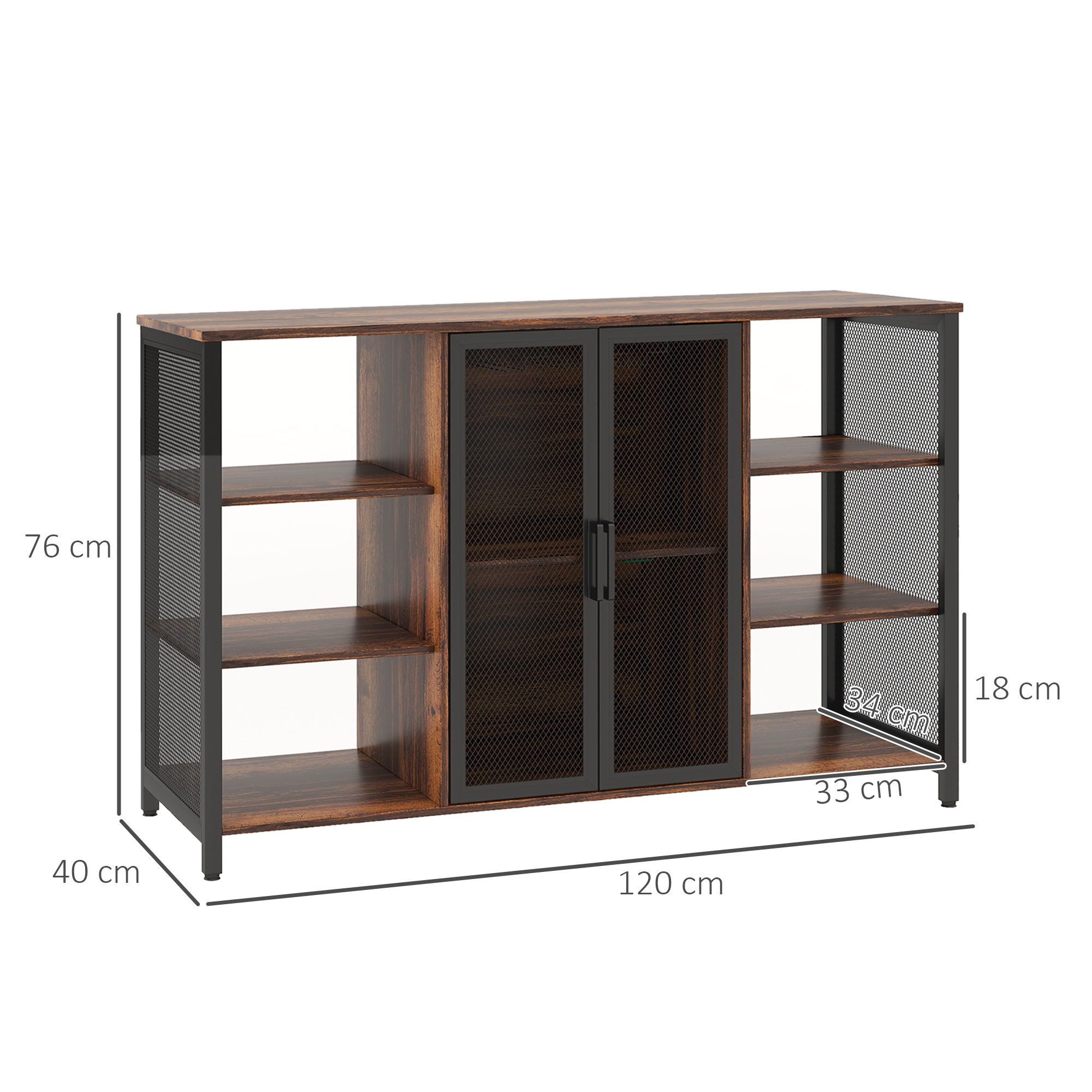 Aparador de madera y metal negro de estilo industrial con dimensiones y puertas de malla.