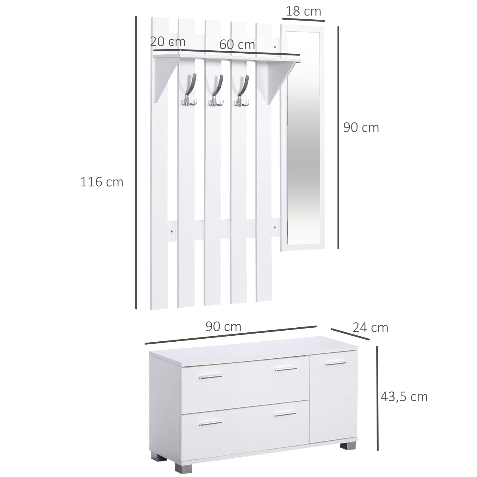 Panel de pared blanco con ganchos, estante y espejo, y un banco de almacenamiento a juego con cajones.