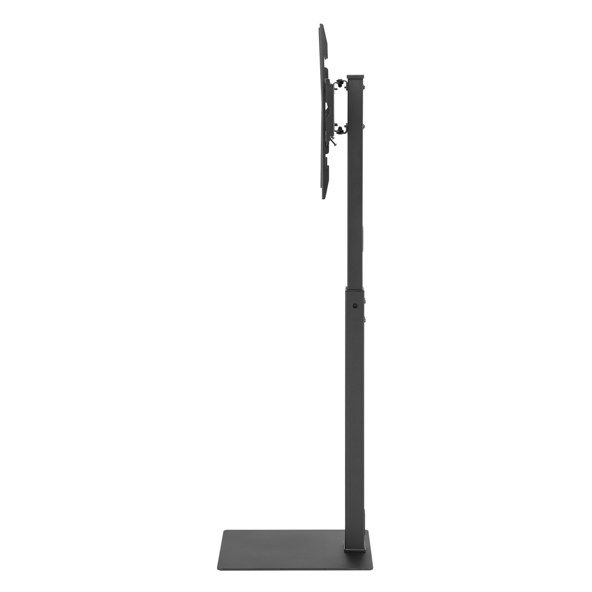 Ein schwarzer TV-Ständer mit rechteckiger Bodenplatte, höhenverstellbarer Säule und VESA-Halterung von der Seite.