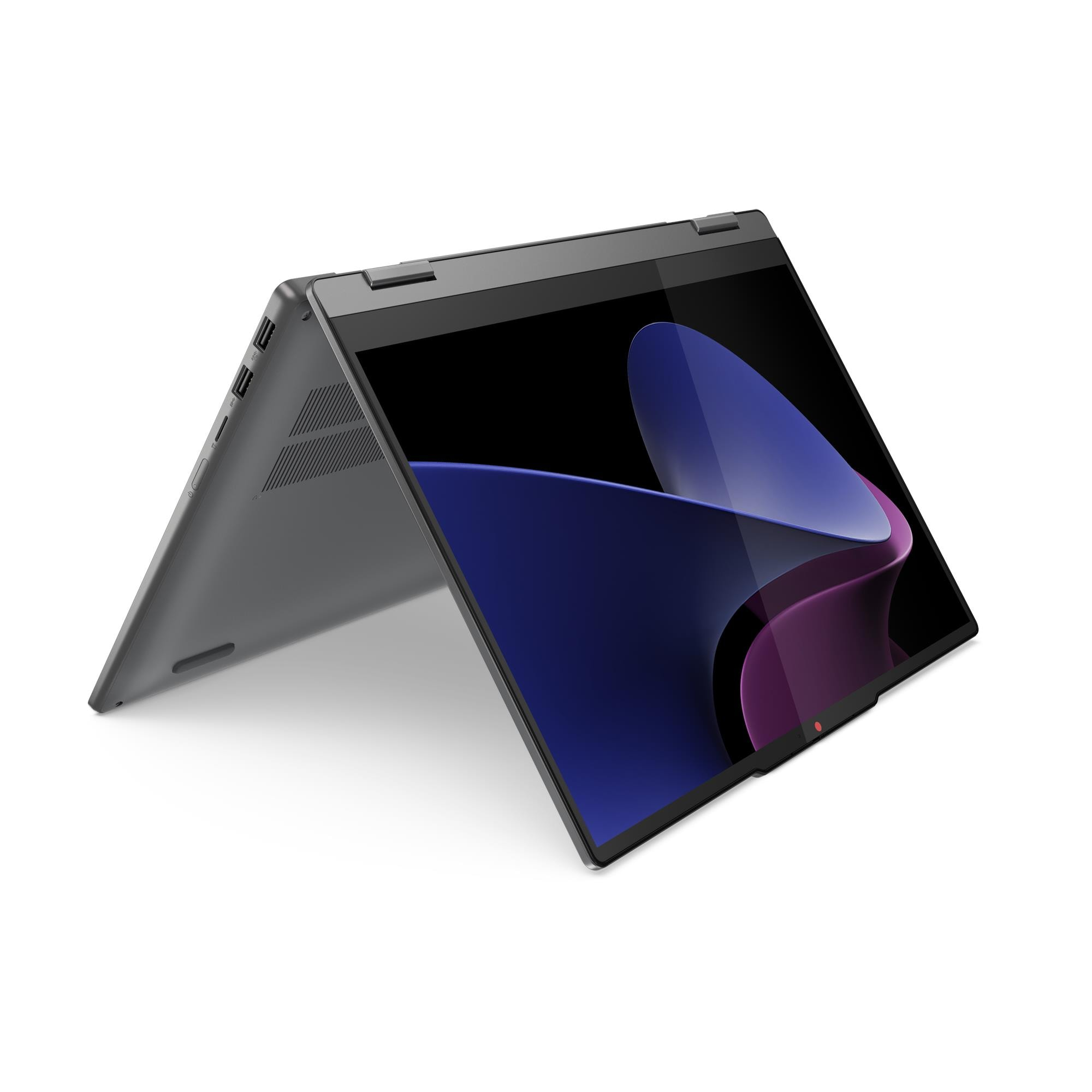Un laptop convertibile grigio in modalità tenda con uno sfondo astratto blu e viola sullo schermo.