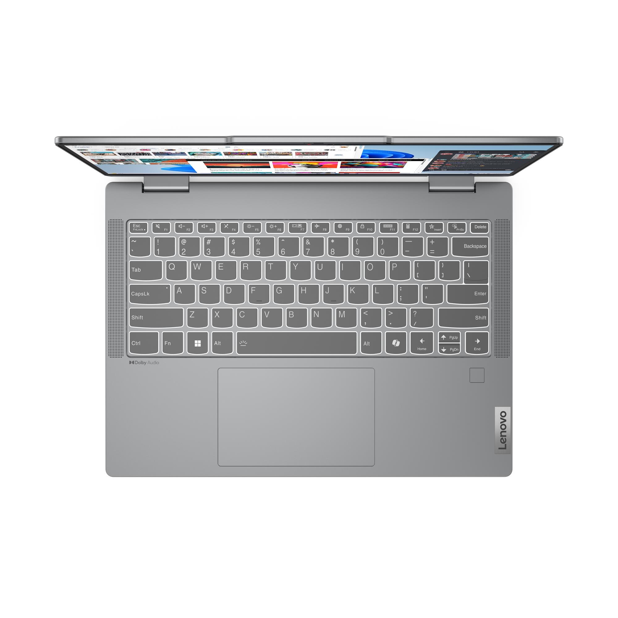 Vista dall'alto di un computer portatile Lenovo grigio aperto, che mostra tastiera illuminata, schermo e touchpad.