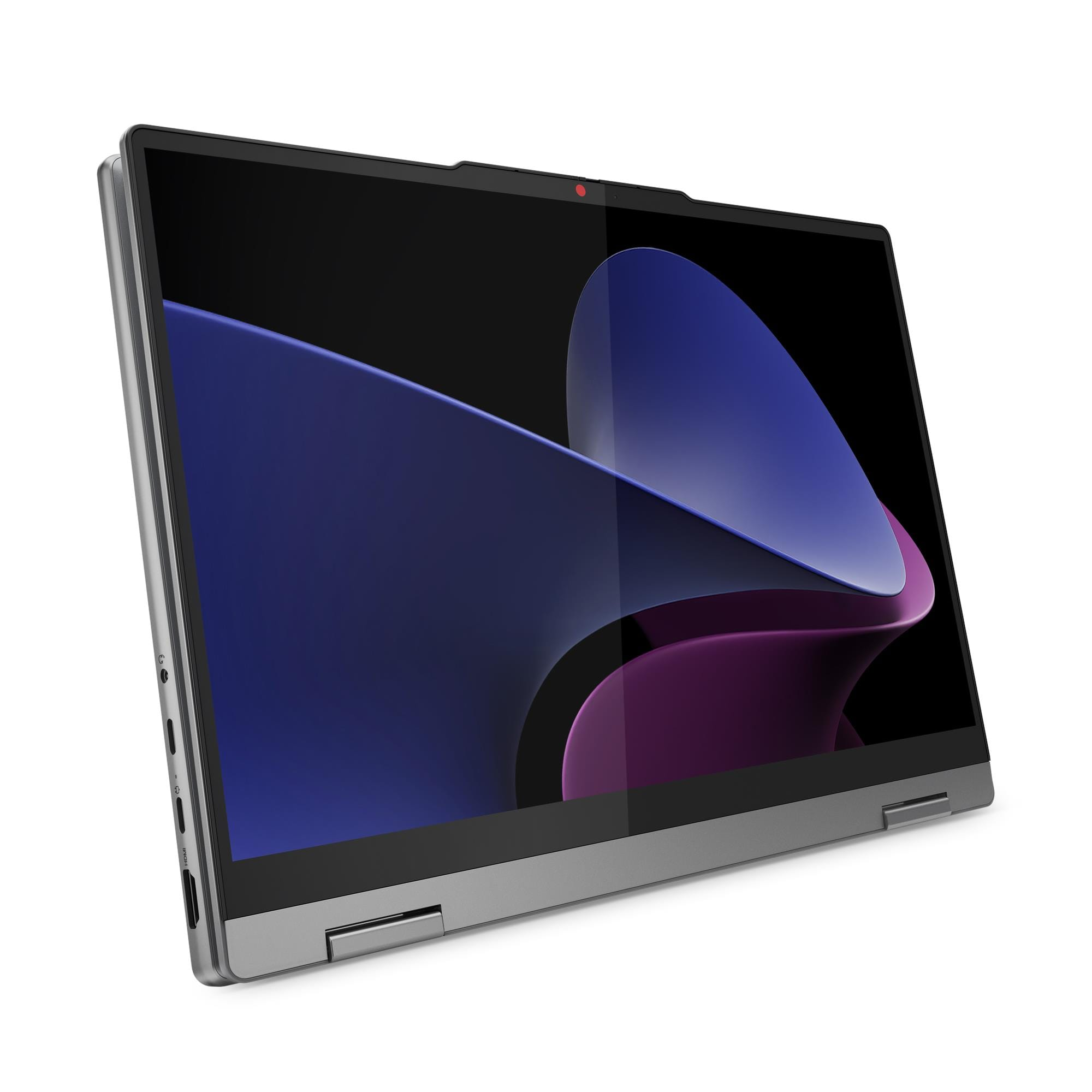 Un computer portatile grigio in modalità tenda su sfondo bianco, con grafica dello schermo astratta.