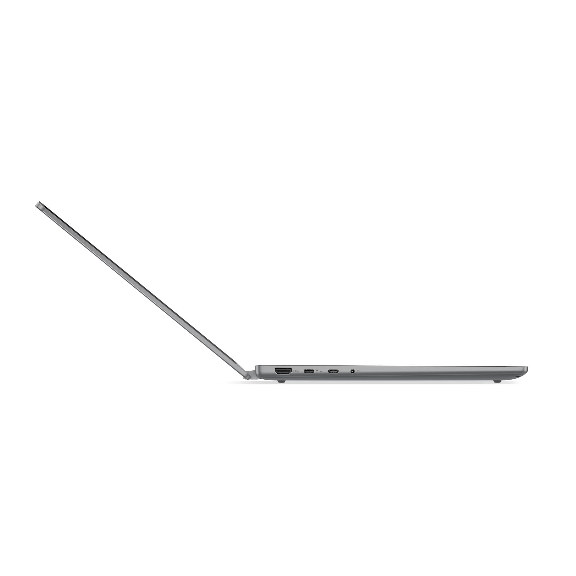 Vista laterale di un laptop grigio chiuso che mostra le porte lungo il bordo su uno sfondo bianco.